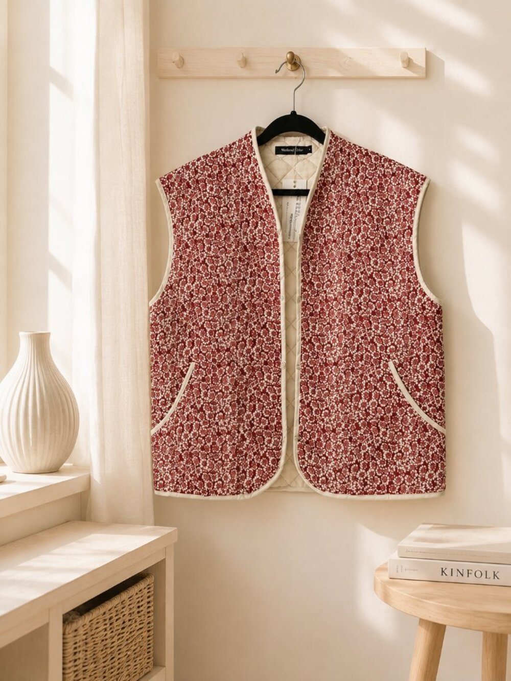 NWT MEROKEETY Women’s Floral Quilted Vest Burgundy Cream Size L